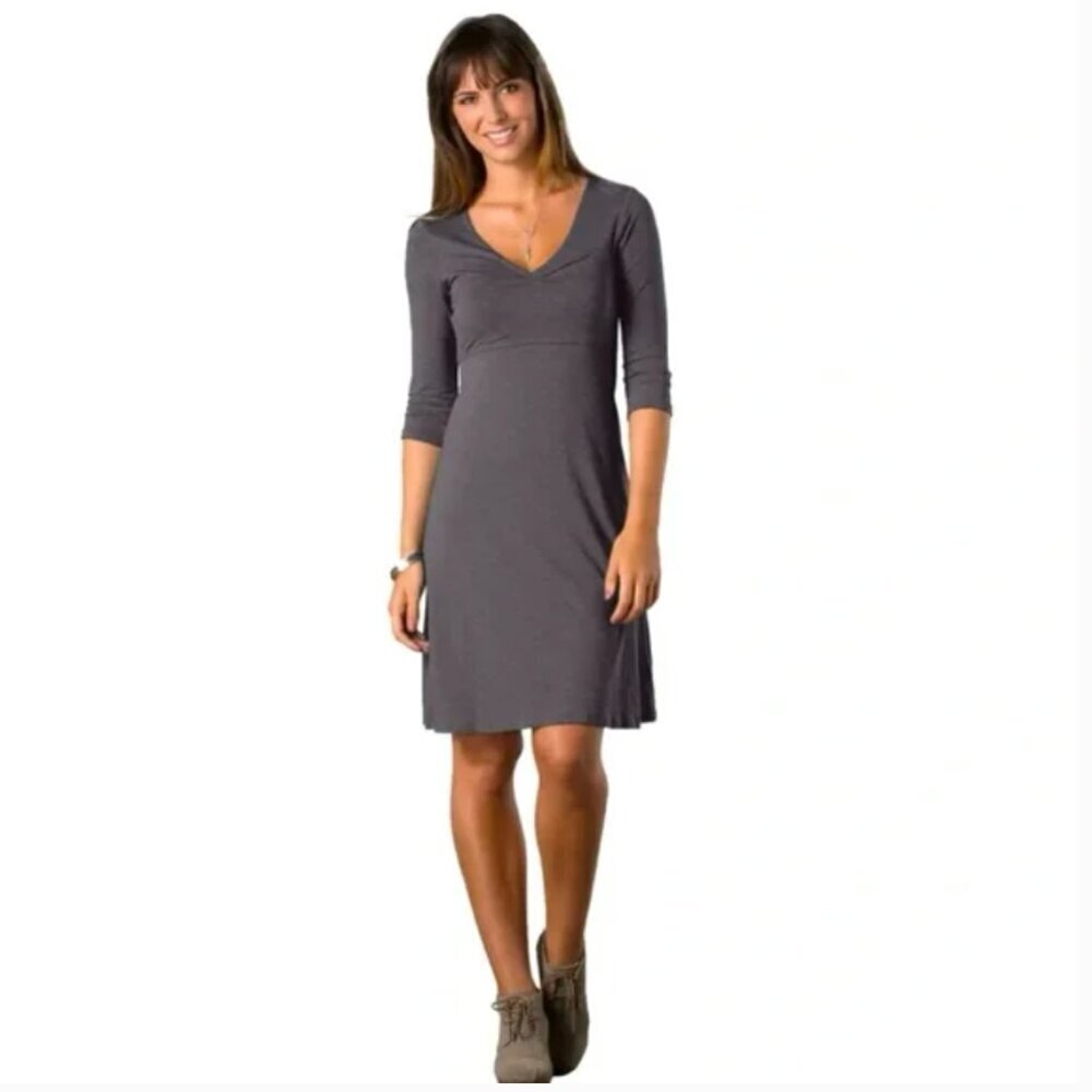 Horny Toad Womens Size Medium Dress Charcoal Gray V-Neck 3/4 Sleeve Pockets Flex